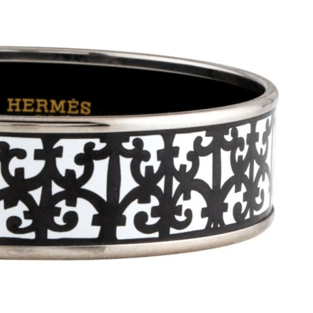 Hermès Black & White Enamel Palladium Plated Balcons du Guadalquivir Wide Bangle - Picture 3 of 5